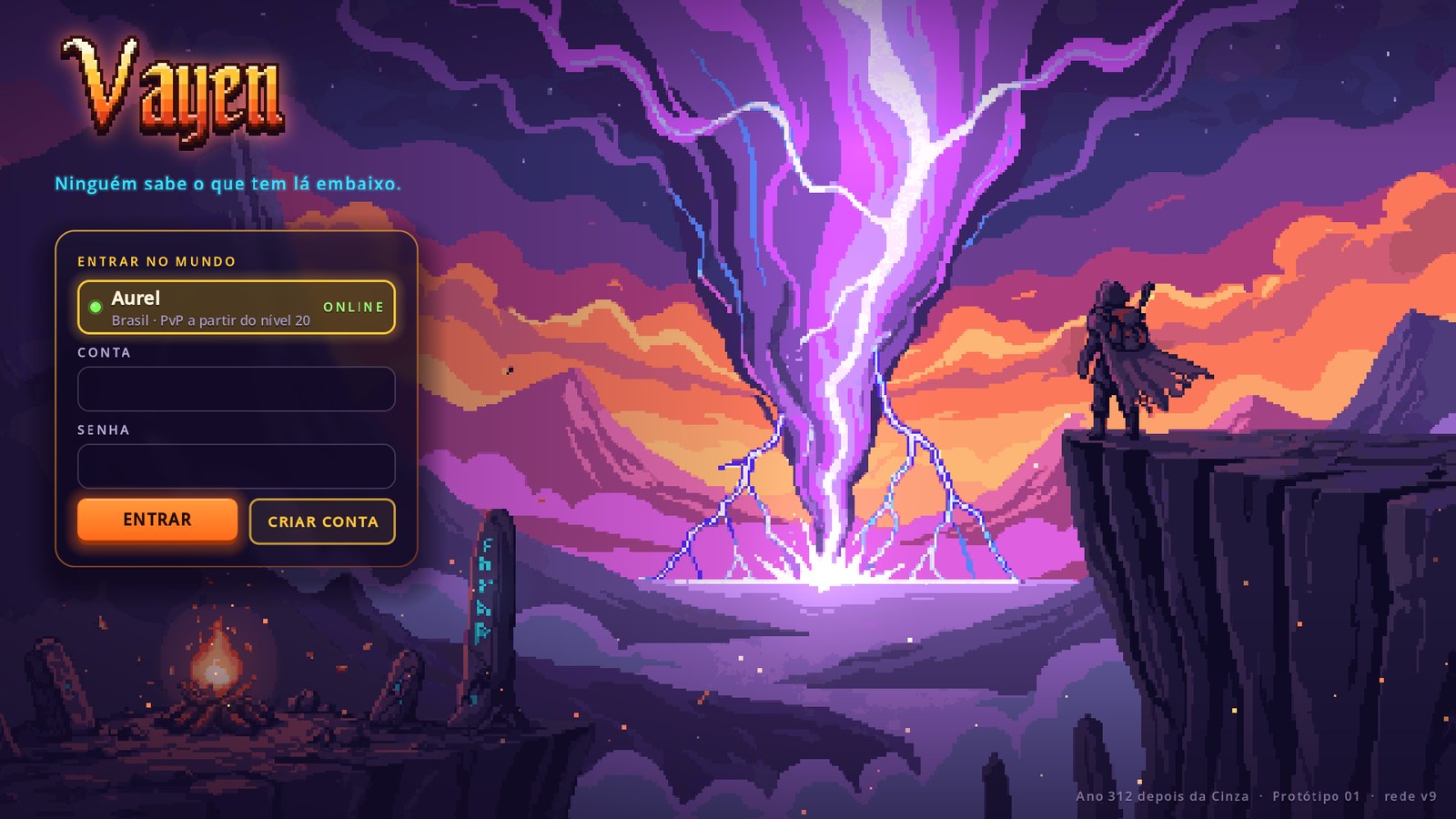 A tela de entrada do Vayen: o mundo Aurel online, conta e senha, sobre a capa da Fenda