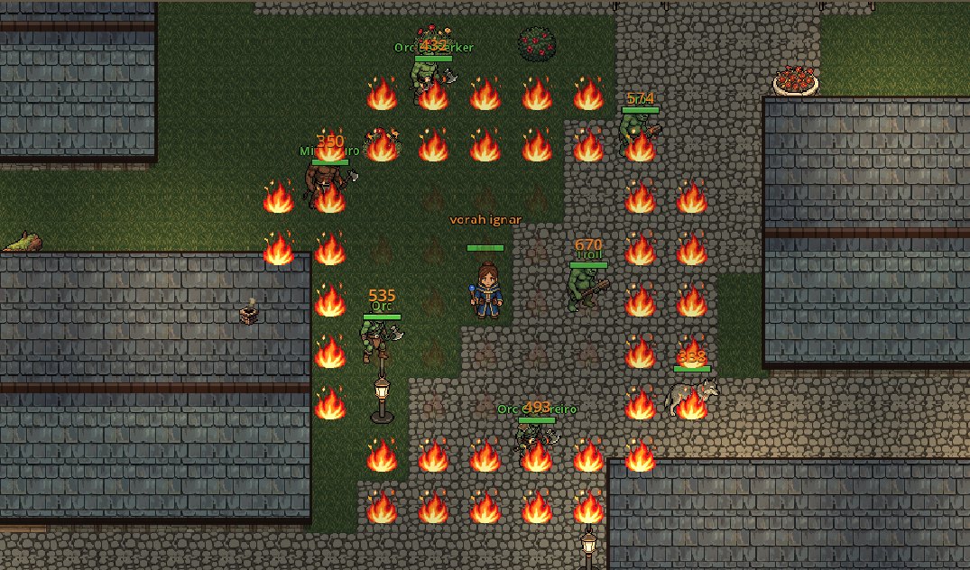 Explosão de fogo em anéis no meio de orcs
