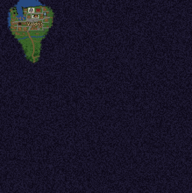 O mapa de um Andarilho no primeiro dia: só Valdris e a estrada que desce; todo o resto está escuro